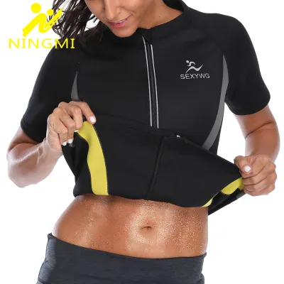 NINGMI Sweat Sauna Short Shirt with Zipper Neoprene Women Slimming Sports Shirts Fitness Tops Body Shaper Fat Loss Workout Suit