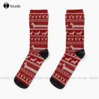 Ugly Christmas Sweater Dog Edition   Rough Haired Dachshund Red Socks Ankle Socks For Women Personalized Custom Christmas Gift