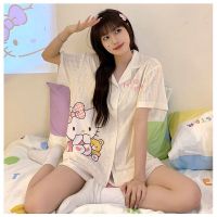 Sanrios Kuromi My Melody Pochacco Hellokittys ชุดชุดนอนผ้าคอตตอนอนิเมะน่ารักการ์ตูนน่ารักใหม่ Pakaian Rumahan แขนสั้นฤดูร้อน