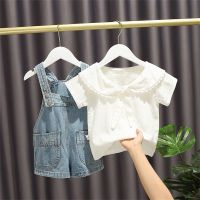 【CC】 2023 Fashion Toddler 2PCS Clothing Sets Short Sleeve and Denim Pants Big Collar Set