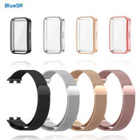 สายนาฬิกาโลหะ Bluesn สำหรับสาย Huawei 8สายรัดข้อมือพร้อมตัวป้องกันเคสหน้าจอ TPU สายนาฬิกาแบบมิลานที่เปลี่ยนฝาครอบนิ่ม