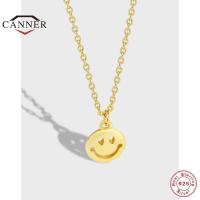 CANNER 925 Sterling Silver Gold Color Smiley Pendant Necklace for Women Men Clavicle Choker Chain Necklaces Female Gifts Jewelry