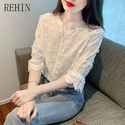 REHIN ฉบับภาษาเกาหลีแฟชั่นผู้หญิง,เสื้อเชิ้ตแขนสั้นเสื้อปักลายเจ็ดส่วนคอวีอเนกประสงค์แฟชั่นใหม่ฤดูร้อน
