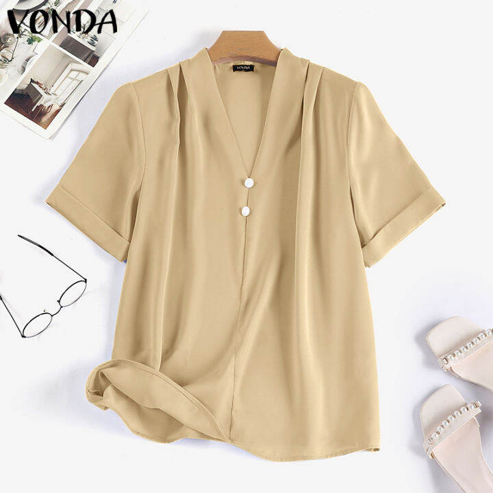 จัดส่งฟรี-fancystyle-vonda-เสื้อทำงานคอวีของผู้หญิงเสื้อสีพื้นแขนลำลองขาสั้นแนวธุรกิจเสื้อมีจีบ-2