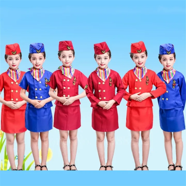 Kids Flight Attendent Cosplay Costumes Girls Stewardess Airline Service 