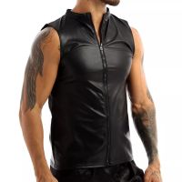 【YF】☒⊙  Size Mens Soft Leather Sleeveless Shirts Erotic Shaping Sheath Stretch Male Bodycon Sexi