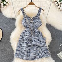 【HOT】ↂ♗✚ Tweed for Waist Short Vestidos Sleeveless Bodycon Female Robe Luxruy Vacation