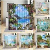 Spring Waterfall Flowers Nature Landscape Shower Curtains Ocean Seaside City European Style Fabric Bathroom Decor Set With Hooks