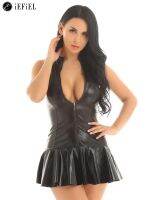 Women 39;s Wet Look PVC Leather Front Zipper Mini Skater Dress with G String for Night Out Cocktail Party Pole Dancing Clubwear