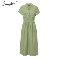 ZZOOI Simplee V-neck solid women dress Vintage elegant button belt midi summer dress Casual streetwear office ladies pockets dress