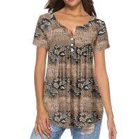 Sublimation Print Pink Leopard Skin Tropical Palm Leaves And Flowers V-neck T-shirt Women Top Short Sleeve Pleated Buckle Shirt