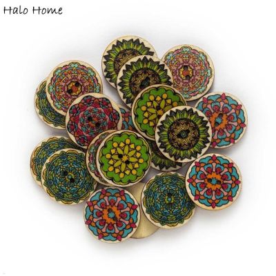 50pcs Retro Round Flower Theme Print Wooden Buttons Handwork Sewing Scrapbooking Clothing Crafts Accessories Gift Card 15-25mm