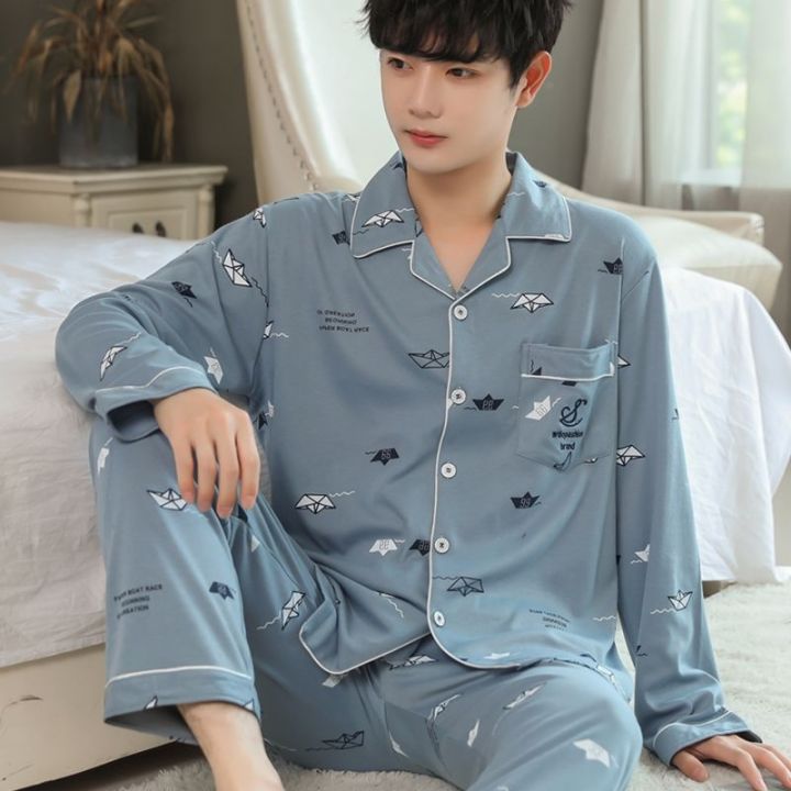 muji-high-quality-100-cotton-middle-aged-young-mens-pajamas-mens-spring-autumn-and-summer-winter-cardigan-long-sleeved-dad-home-clothes-loose