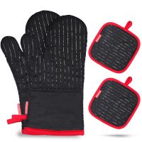 1 Pair Kitchen Oven Gloves Heat Resistant Non-Slip Barbecue Gloves Cotton Silicone Oven Gloves Potholders With 2 Pot Holders Potholders  Mitts   Cozie