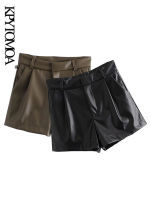 KPYTOMOA Women Chic Fashion Side Pockets Faux Leather Shorts Vintage High Waist Zipper Fly Female Short Pants Mujer