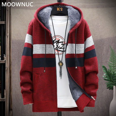 Autumn New Hooded Mens Sweater Thickened Plus Velvet Mens Slim Cardigan Knitted Sweater Patchwork Jacket Male M-3XL