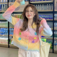 OCEANLOVE Sweet Chaquetas Mujer Print Rainbow Tie Dye Autumn Short Loose Cardigans V Neck Japan Style Kawaii Sweaters Women