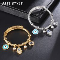 【When the flowers bloom】 Fatima Hand Hamsa Devil 39; S Eye PendantBangle For WomenAdjustable Wire Bangle