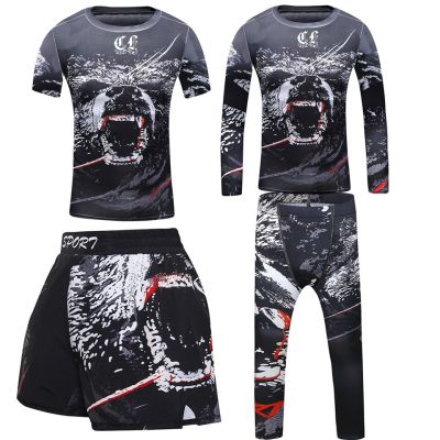 ：“{—— Kids Sport Suit Compression Shirt Pants Shorts Set Children MMA Rashguard Jiu Jusit Bjj GI Muay Thai Boxing Running Sportswear