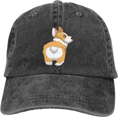 Cartoon Corgi Baseball Cap for Men Women Adjustable Classic Vintage Washed Cotton Denim Trucker Hat for Running Workouts Outdoor