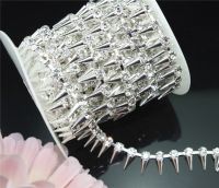 1 Yard 4mm Clear Crystal Rhinestone Rivet Silver Chain Sew On Applique Trim LZ58