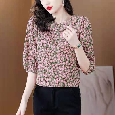 Blouse Women New Style 2023 Fashion Printed 3/4 Sleeve Top New Large Size Cover Belly Retro Style Casual Blouse Ethnic Wear Top