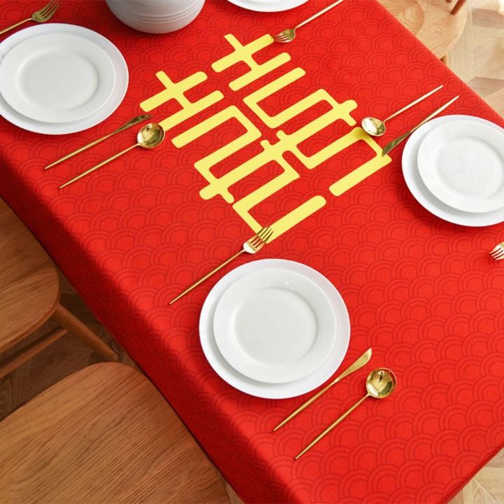 ปกโต๊ะสีแดงสี่เหลี่ยมหนาซักได้สำหรับงานเลี้ยงแต่งงานผ้าปูโต๊ะปักลวดลายจีน