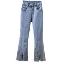 【มีไซส์ใหญ่】Plus Size Womens Fashion High Waist Blue Jeans Stretchable Solid Color Flared 7/10 Denim Pants with Slits