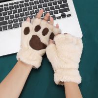 Cartoon Cat Claw Gloves for Women Girls Thickened Plush Lovely Style Bear Paw Exposed Fingers Half Finger Winter Warm Gloves