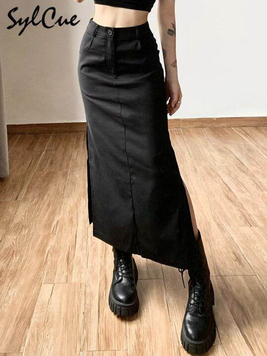 sylcue-simple-black-split-sexy-slim-hot-versatile-light-cool-thin-summer-womens-mature-feminine-charm-street-skirt-long