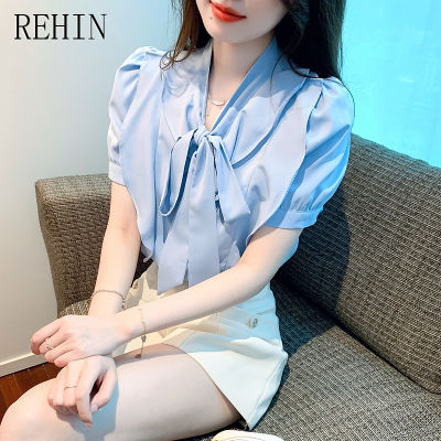 REHIN เสื้อชีฟองแขนพองแต่งโบว์สำหรับผู้หญิง,เสื้อเสื้อผู้หญิงแขนสั้นผ้าชีฟองไซส์ S-Xxl สีน้ำเงินหรูหราใหม่ฤดูร้อน