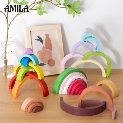 AMILA เครื่องประดับสำหรับเด็กอาคารปริศนาเด็กจากบล็อกตัวต่อสีรุ้ง Jenga Joy Toys Enlightenment การรับรู้สี