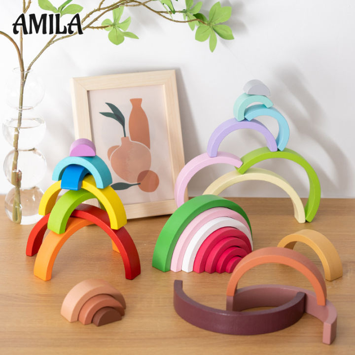 amila-เครื่องประดับสำหรับเด็กอาคารปริศนาเด็กจากบล็อกตัวต่อสีรุ้ง-jenga-joy-toys-enlightenment-การรับรู้สี