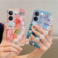 เคสสมาร์ทโฟนสำหรับ VIVO V29เคส Y78 Y36 Y02A 5G 4G น่ารักโทรศัพท์พร้อมสร้อยข้อมือคริสตัลเชือกมือนุ่มดอกไม้ Bling ปลอกหลังผู้หญิง VIVOY27 VIVOV29