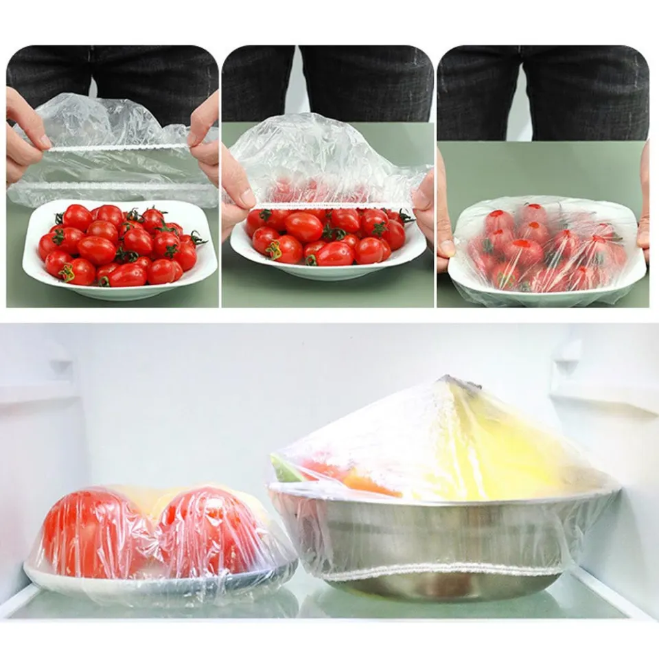 100pcs Clear Disposable Food Cover, Elastic Band Plastic Wrap, For Kitchen