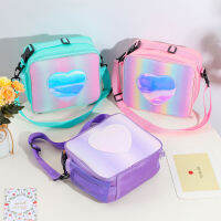 Modelhouses # ถุงอาหารกลางวัน,Holographic Heart Lunch Tote Box คอนเทนเนอร์พร้อมสายคล้องไหล่ปรับได้