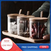 Wooden Lid Seasoning Jar Glass Storage Food Grade Transparent Containers Kitchen Bar Sealed Tank Salt Sugar Spice Reserve Tools