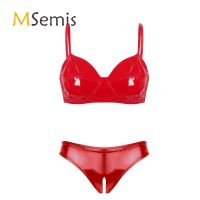 ZZOOI Womens Glossy Patent Leather Lingerie Set Underwear Spaghetti Straps Bra Tops with Open Crotch High Cut Briefs Pussy Panties Set