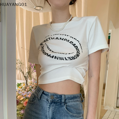 HUAYANG01 [2023แฟชั่นสุดฮอตใหม่] เสื้อครอปเสื้อแขนสั้นรัดรูปเสื้อผู้หญิงคอกลมเสื้อยืดพิมพ์ลายตัวอักษรฤดูร้อนแฟชั่นเกาหลี