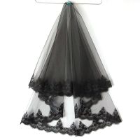 【CW】 Layers BlackWedding Veil Appliques Trim Costume Sheer Hair Accessories