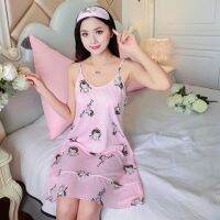 Summer Women Piyama Sleeveless Cartoon Print Sleep Dress Milk Silk Casual Sleepwear