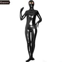 HOT Ensnovo ผู้หญิงไนลอน Spandex บอดี้สูทสีดำเงาโลหะ Zentai Catsuit Custom Skin Open Eyes Full Body เครื่องแต่งกาย