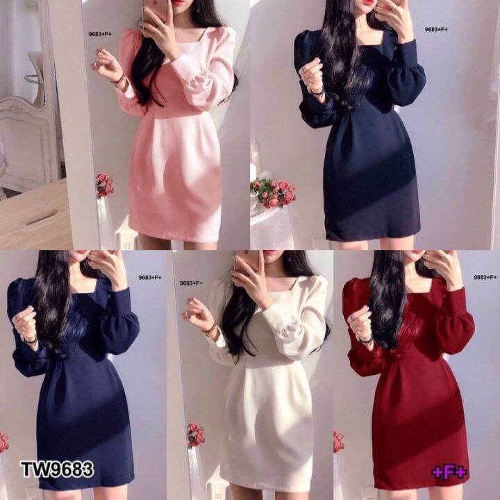 dress-ชุดเดรสคอเหลี่ยม-แขนตุ๊กตา-ผ้าซาร่าสีพื้นมีซิปหลัง-ลุคสาวออฟฟิศ-ใส่ทำงาน-หรือเที่ยวช็อปปิ้ง