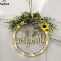 Studyset IN stock Wood Welcome Sign Easter Decoration Household Oranment Door Pendant With Light Hollow Welcome Wreath