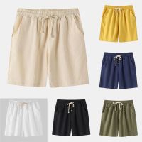 ◐□✐ tqw198 Mens Casual Linen Cotton Beach Pants Summer Solid Color Trendy Slim-fit All-match Straight Shorts White Khaki Yellow Black Navy Blue Army Green