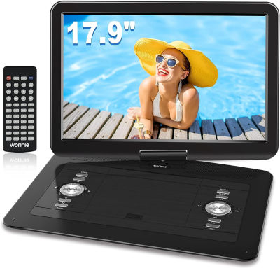 WONNIE 17.9’’ Large Portable DVD/CD Player with 6 Hrs 5000mAH Rechargeable Battery, 15.4‘’ Swivel Screen，1366x768 HD LCD TFT, Regions Free, Support USB/SD Card/ Sync TV , High Volume Speaker Black
