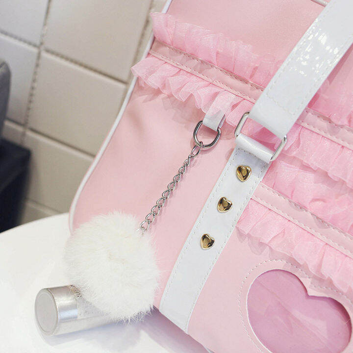 japan-harajuku-kawaii-shoulder-bag-women-jk-lace-ruched-handbag-lolita-transparent-heart-hand-bag-with-plush-pendant