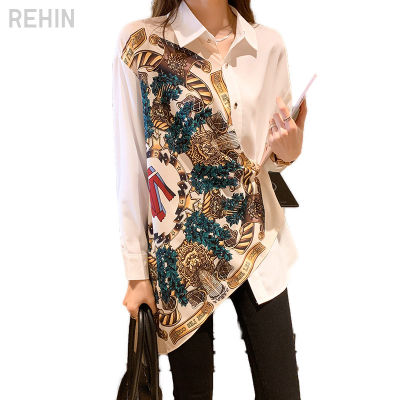 REHIN เสื้อเชิ้ตชีฟองแขนยาวพิมพ์ลายย้อนยุค,เสื้อผู้หญิงแบบผ่าไม่สมมาตรเสื้อดีไซน์ใหม่