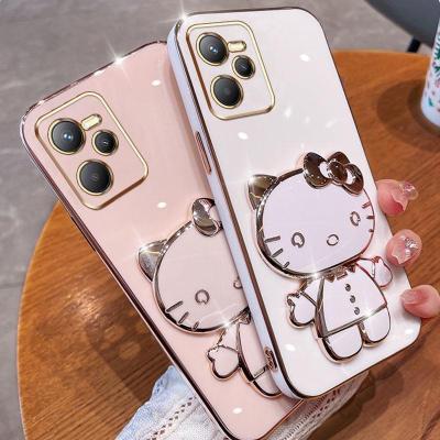 Folding Makeup Mirror Phone Case For OPPO Realme C35 4G Realme Narzo 50A Prime 4G  Case Fashion Cartoon Cute Cat Multifunctional Bracket Plating TPU Soft Cover Casing
