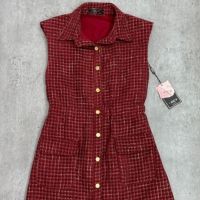 P005-003 PIMNADACLOSET - Collar Sleeveless Button Down Smock Waist Stripe Tweed Mini Dress